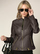 WJC747 Womens Faux Leather Zip Up Moto Biker Jacket with Side Stitching Detail