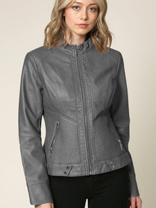 WJC747 Womens Faux Leather Zip Up Moto Biker Jacket with Side Stitching Detail