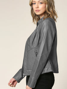WJC747 Womens Faux Leather Zip Up Moto Biker Jacket with Side Stitching Detail
