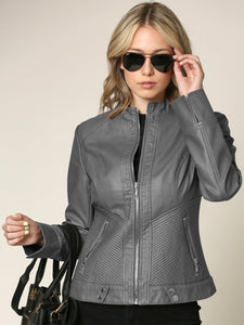 WJC747 Womens Faux Leather Zip Up Moto Biker Jacket with Side Stitching Detail