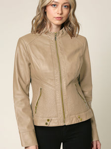 WJC747 Womens Faux Leather Zip Up Moto Biker Jacket with Side Stitching Detail