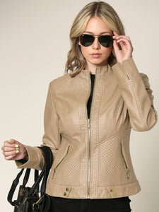 WJC747 Womens Faux Leather Zip Up Moto Biker Jacket with Side Stitching Detail