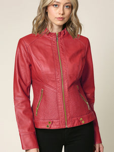 WJC747 Womens Faux Leather Zip Up Moto Biker Jacket with Side Stitching Detail