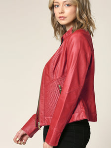 WJC747 Womens Faux Leather Zip Up Moto Biker Jacket with Side Stitching Detail