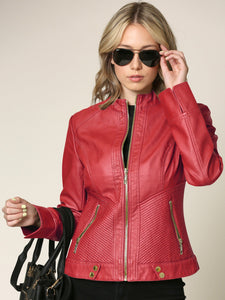 WJC747 Womens Faux Leather Zip Up Moto Biker Jacket with Side Stitching Detail