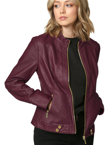 WJC747 Womens Faux Leather Zip Up Moto Biker Jacket with Side Stitching Detail