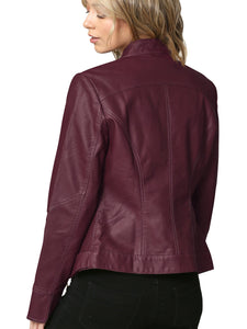 WJC747 Womens Faux Leather Zip Up Moto Biker Jacket with Side Stitching Detail