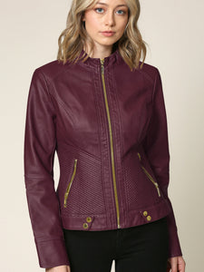 WJC747 Womens Faux Leather Zip Up Moto Biker Jacket with Side Stitching Detail