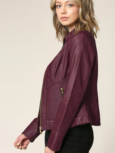 WJC747 Womens Faux Leather Zip Up Moto Biker Jacket with Side Stitching Detail