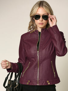 WJC747 Womens Faux Leather Zip Up Moto Biker Jacket with Side Stitching Detail