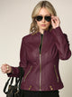 WJC747 Womens Faux Leather Zip Up Moto Biker Jacket with Side Stitching Detail
