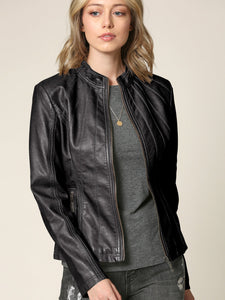 Womens Faux Leather Zip Up Moto Biker Jacket with Vertical Stitching Detail