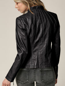 Womens Faux Leather Zip Up Moto Biker Jacket with Vertical Stitching Detail