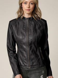 Womens Faux Leather Zip Up Moto Biker Jacket with Vertical Stitching Detail