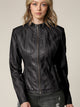Womens Faux Leather Zip Up Moto Biker Jacket with Vertical Stitching Detail