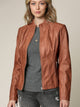 Womens Faux Leather Zip Up Moto Biker Jacket with Vertical Stitching Detail