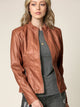Womens Faux Leather Zip Up Moto Biker Jacket with Vertical Stitching Detail