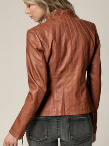 Womens Faux Leather Zip Up Moto Biker Jacket with Vertical Stitching Detail