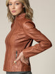 Womens Faux Leather Zip Up Moto Biker Jacket with Vertical Stitching Detail