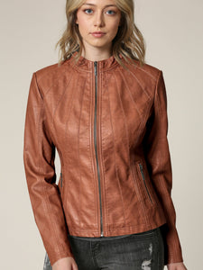 Womens Faux Leather Zip Up Moto Biker Jacket with Vertical Stitching Detail