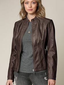 Womens Faux Leather Zip Up Moto Biker Jacket with Vertical Stitching Detail