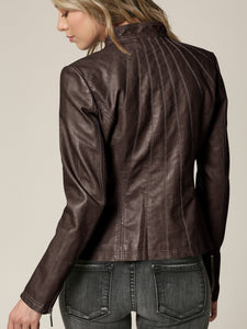 Womens Faux Leather Zip Up Moto Biker Jacket with Vertical Stitching Detail