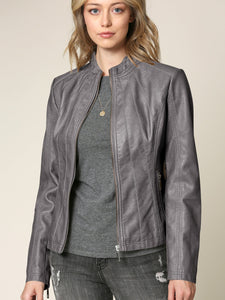 Womens Faux Leather Zip Up Moto Biker Jacket with Vertical Stitching Detail