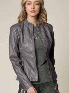 Womens Faux Leather Zip Up Moto Biker Jacket with Vertical Stitching Detail
