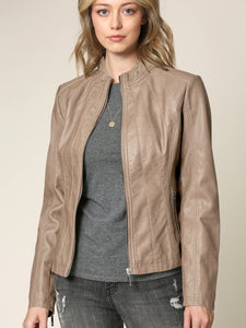 Womens Faux Leather Zip Up Moto Biker Jacket with Vertical Stitching Detail