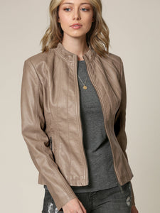 Womens Faux Leather Zip Up Moto Biker Jacket with Vertical Stitching Detail