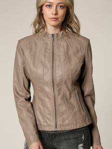 Womens Faux Leather Zip Up Moto Biker Jacket with Vertical Stitching Detail