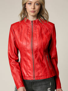 Womens Faux Leather Zip Up Moto Biker Jacket with Vertical Stitching Detail