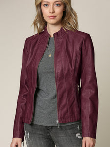 Womens Faux Leather Zip Up Moto Biker Jacket with Vertical Stitching Detail