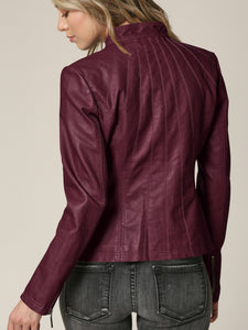 Womens Faux Leather Zip Up Moto Biker Jacket with Vertical Stitching Detail
