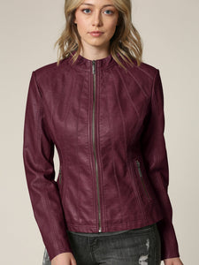 Womens Faux Leather Zip Up Moto Biker Jacket with Vertical Stitching Detail