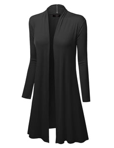 WSK1048 Womens Solid Long Sleeve Open Front Long Cardigan