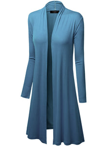 WSK1048 Womens Solid Long Sleeve Open Front Long Cardigan