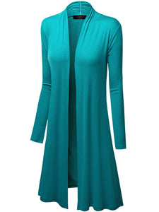 WSK1048 Womens Solid Long Sleeve Open Front Long Cardigan