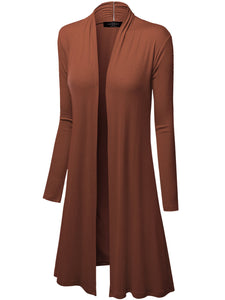 WSK1048 Womens Solid Long Sleeve Open Front Long Cardigan