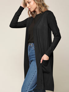 WSK2251 Long Sleeve Solid Open Front Long Knited Cardigan Sweater with Pocket