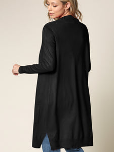 WSK2251 Long Sleeve Solid Open Front Long Knited Cardigan Sweater with Pocket