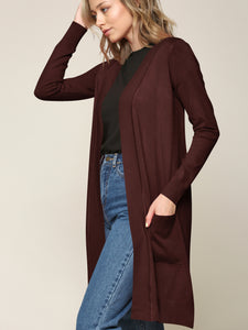 WSK2251 Long Sleeve Solid Open Front Long Knited Cardigan Sweater with Pocket