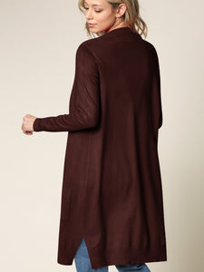 WSK2251 Long Sleeve Solid Open Front Long Knited Cardigan Sweater with Pocket