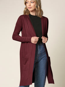 WSK2251 Long Sleeve Solid Open Front Long Knited Cardigan Sweater with Pocket