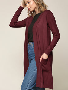 WSK2251 Long Sleeve Solid Open Front Long Knited Cardigan Sweater with Pocket