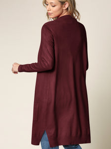 WSK2251 Long Sleeve Solid Open Front Long Knited Cardigan Sweater with Pocket