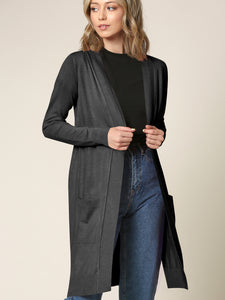 WSK2251 Long Sleeve Solid Open Front Long Knited Cardigan Sweater with Pocket