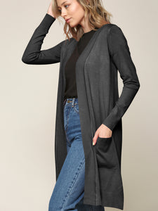 WSK2251 Long Sleeve Solid Open Front Long Knited Cardigan Sweater with Pocket