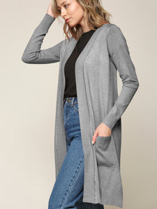 WSK2251 Long Sleeve Solid Open Front Long Knited Cardigan Sweater with Pocket