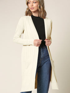 WSK2251 Long Sleeve Solid Open Front Long Knited Cardigan Sweater with Pocket